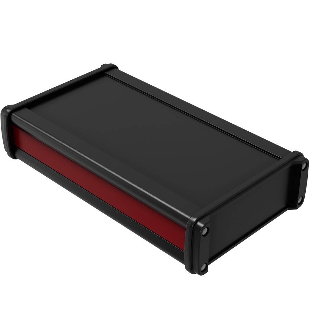 Schwarzes rechteckiges elektronisches Gehäuse mit rotem Seitenpanel, in Perspektive auf weißem Hintergrund dargestellt.