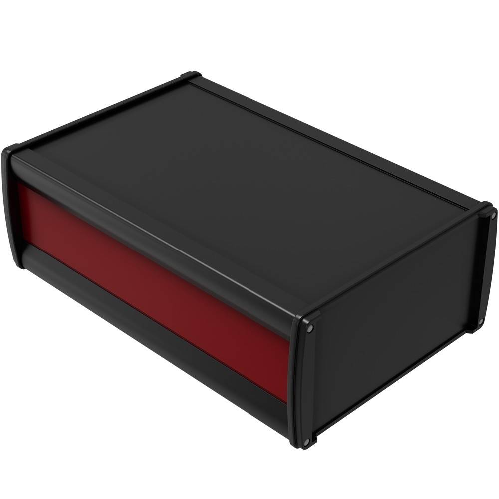 Schwarzes rechteckiges elektronisches Gehäuse mit roter durchscheinender Frontplatte, dargestellt in 3D auf weißem Hintergrund.
