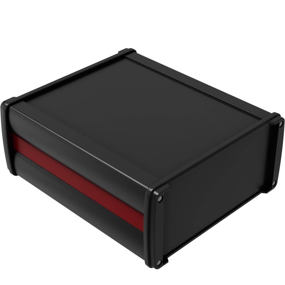 Schwarzes rechteckiges elektronisches Gehäuse mit roter Frontblende, auf weißem Hintergrund dargestellt.