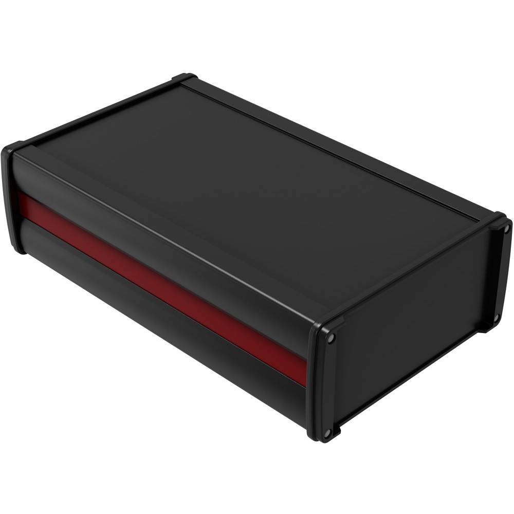 Schwarzliches rechteckiges elektronisches Gehäuse mit rotem Seitenakzent, in Perspektive auf weißem Hintergrund dargestellt.
