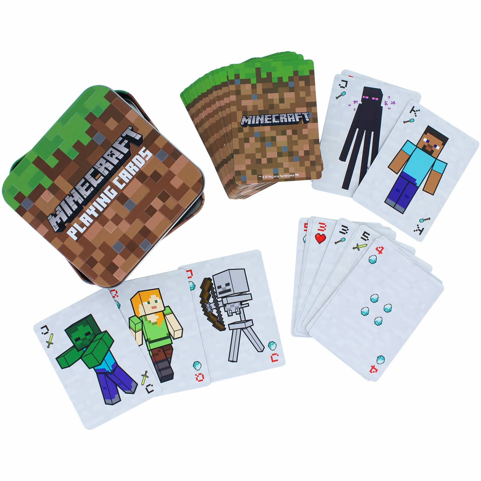 Minecraft-inspiriertes Spielkartendeck und Blechdose mit Karten, die Steve, Alex, Creeper, Enderman, Skelett und Kartensymbole zeigen.