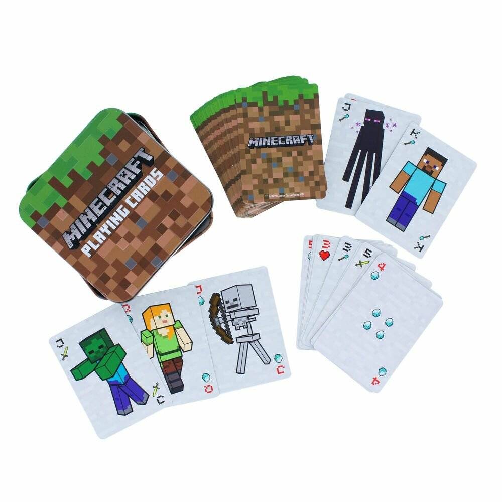 Minecraft-Spielkarten und Blechdose, mit Charakter- und Monster-Kartenseiten, die um das Deck herum gezeigt werden.
