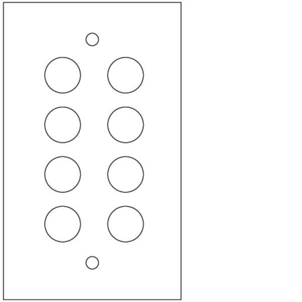 Einfaches Diagramm eines vertikalen Umrisses mit acht großen Kreisen in zwei Spalten, mit einem kleinen Kreis oben und einem unten in der Gruppe.