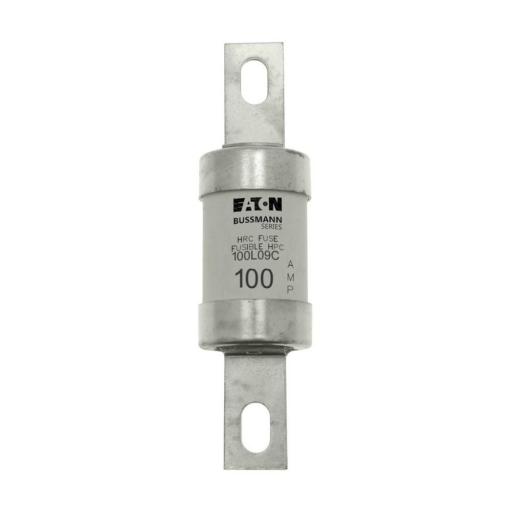 Eaton Bussmann 100-Ampere-Schnellsicherung mit Metallbefestigungslaschen, gezeigt auf weißem Hintergrund.