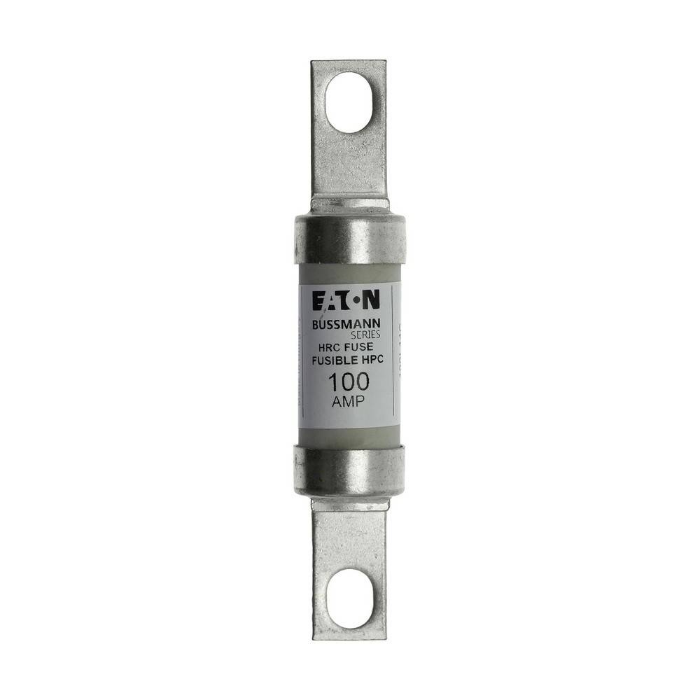 Eaton Bussmann HRC-Sicherung, 100 Ampere, zylindrische Patrone mit Metallösen an den Enden auf weißem Hintergrund.