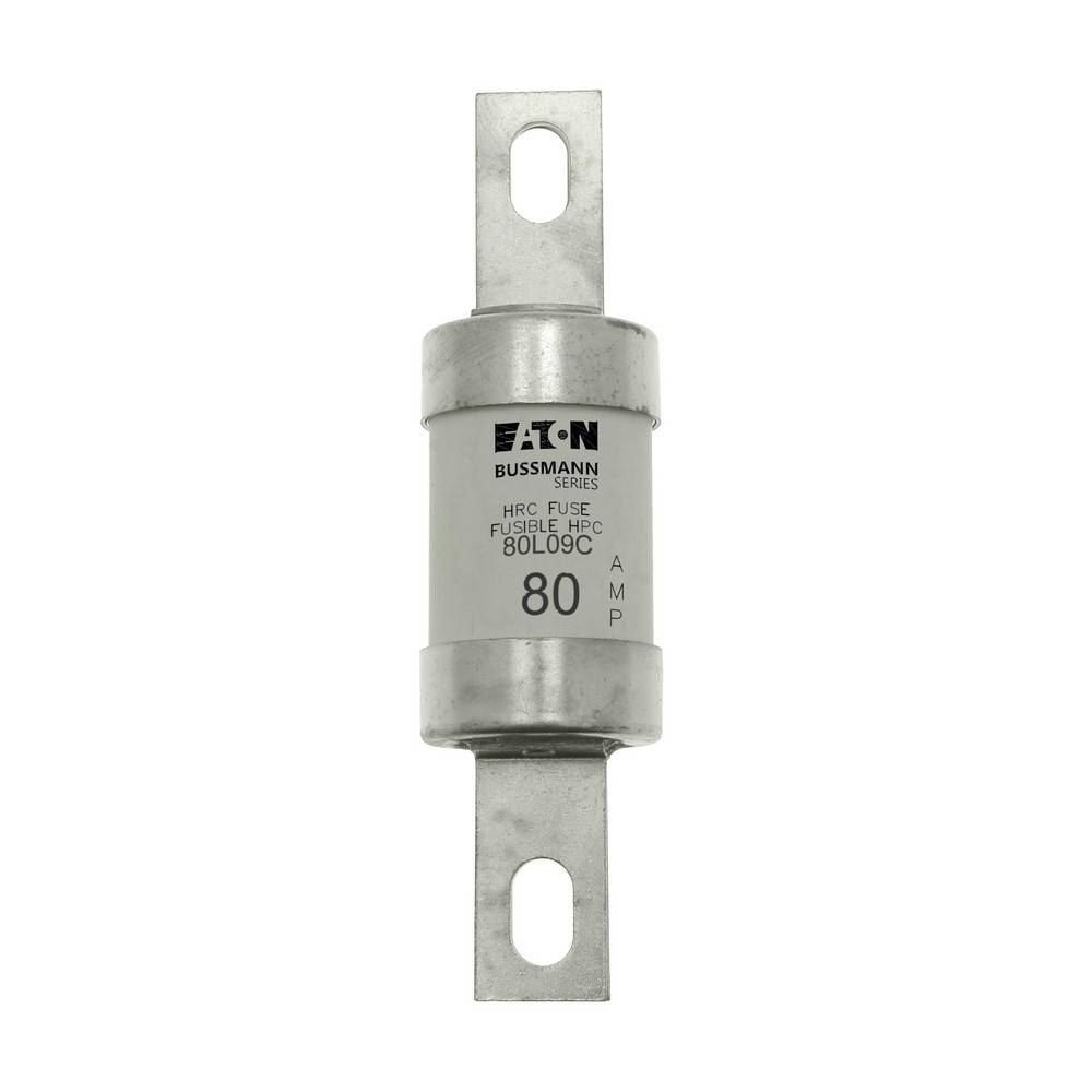 Eaton Bussmann 80-Ampere-Sicherungsverbindung mit Metallklemmen, gezeigt auf weißem Hintergrund.