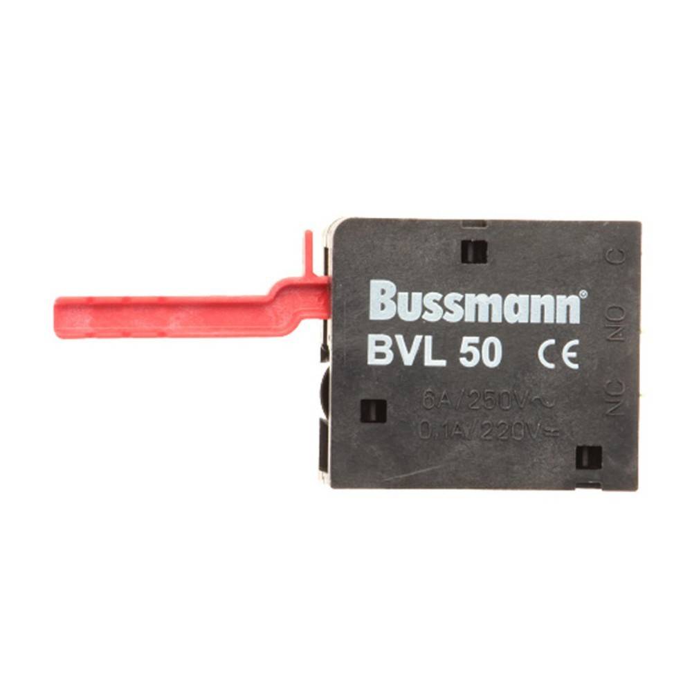 Schwarzer Bussmann BVL 50 Sicherungshalter mit rotem Zuglaschen auf weißem Hintergrund.
