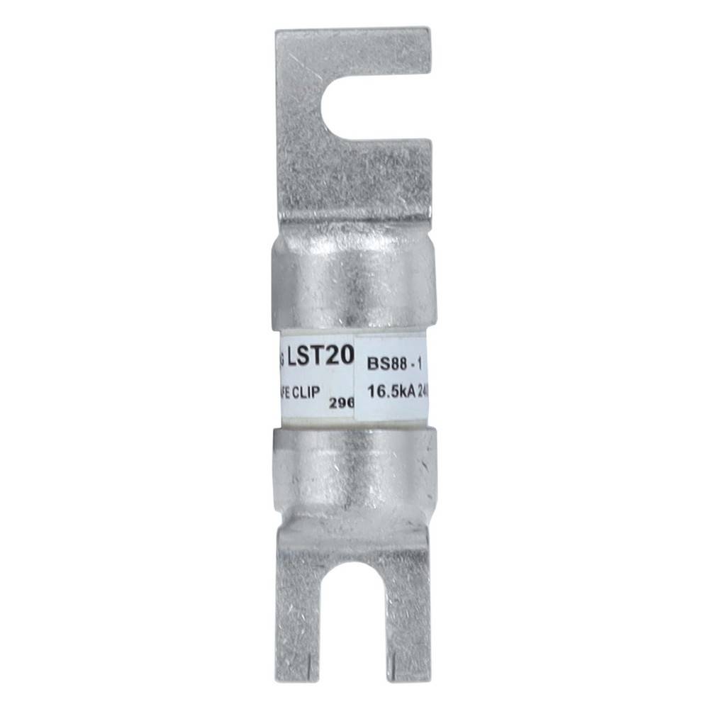 Silberpatronensicherung mit Metallendklemmen und Etikett mit der Aufschrift „LST20