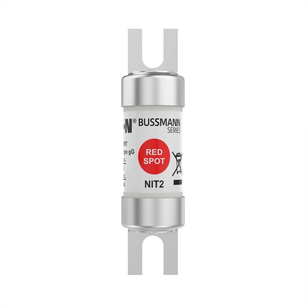 Weißer zylindrischer Bussmann 'Red Spot' NIT2-Sicherungseinsatz mit Metallendkappen und Blattkontakten auf einfachem Hintergrund.