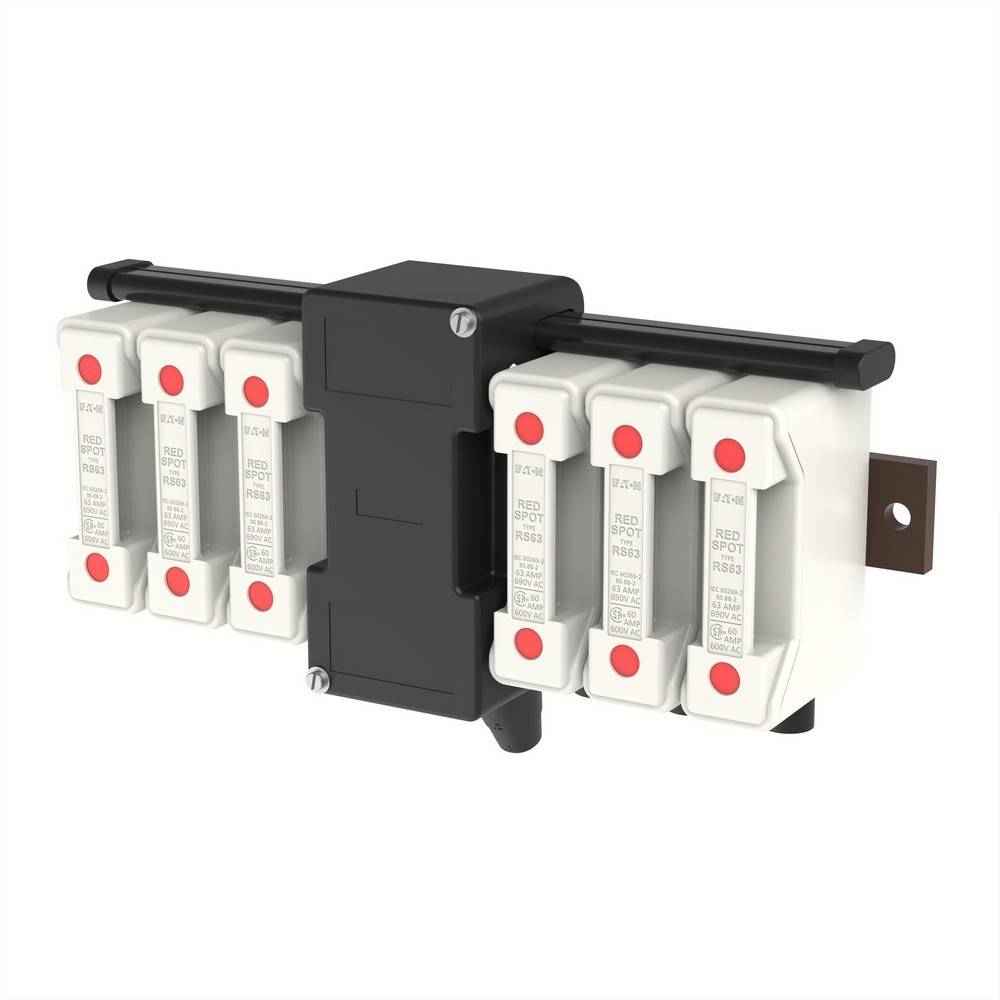 Elektrische Sicherungshalteranlage mit sechs montierten Patronensicherungen auf einer schwarzen Halterung, gezeigt vor weißem Hintergrund.
