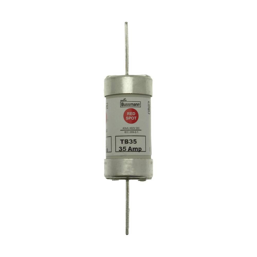 Bussmann TB35 35-Ampere-Patronensicherung mit Metallendkappen und Anschlussdrähten auf weißem Hintergrund.