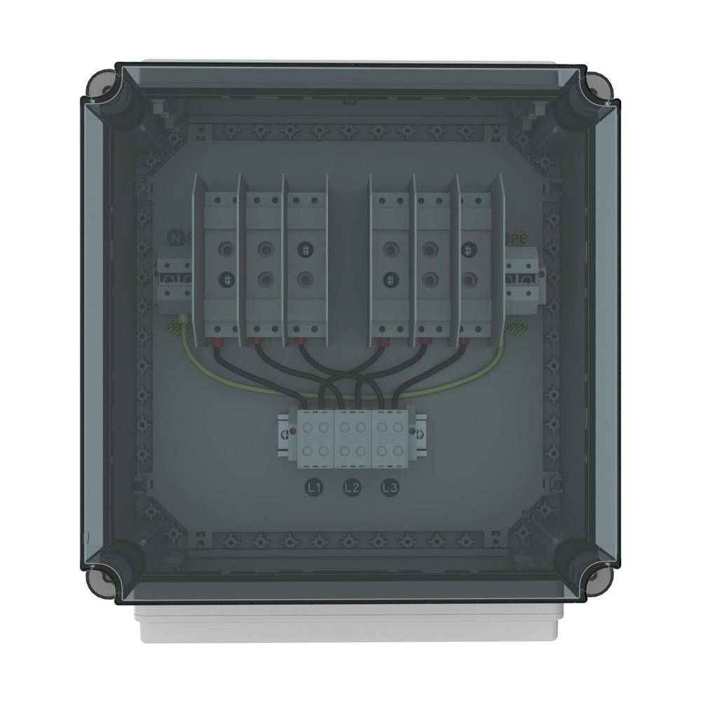 Elektrischer Verteilerkasten mit sechs Schaltern und Verkabelung unter einer transparenten Abdeckung, beschriftet mit L1, L2 und L3.
