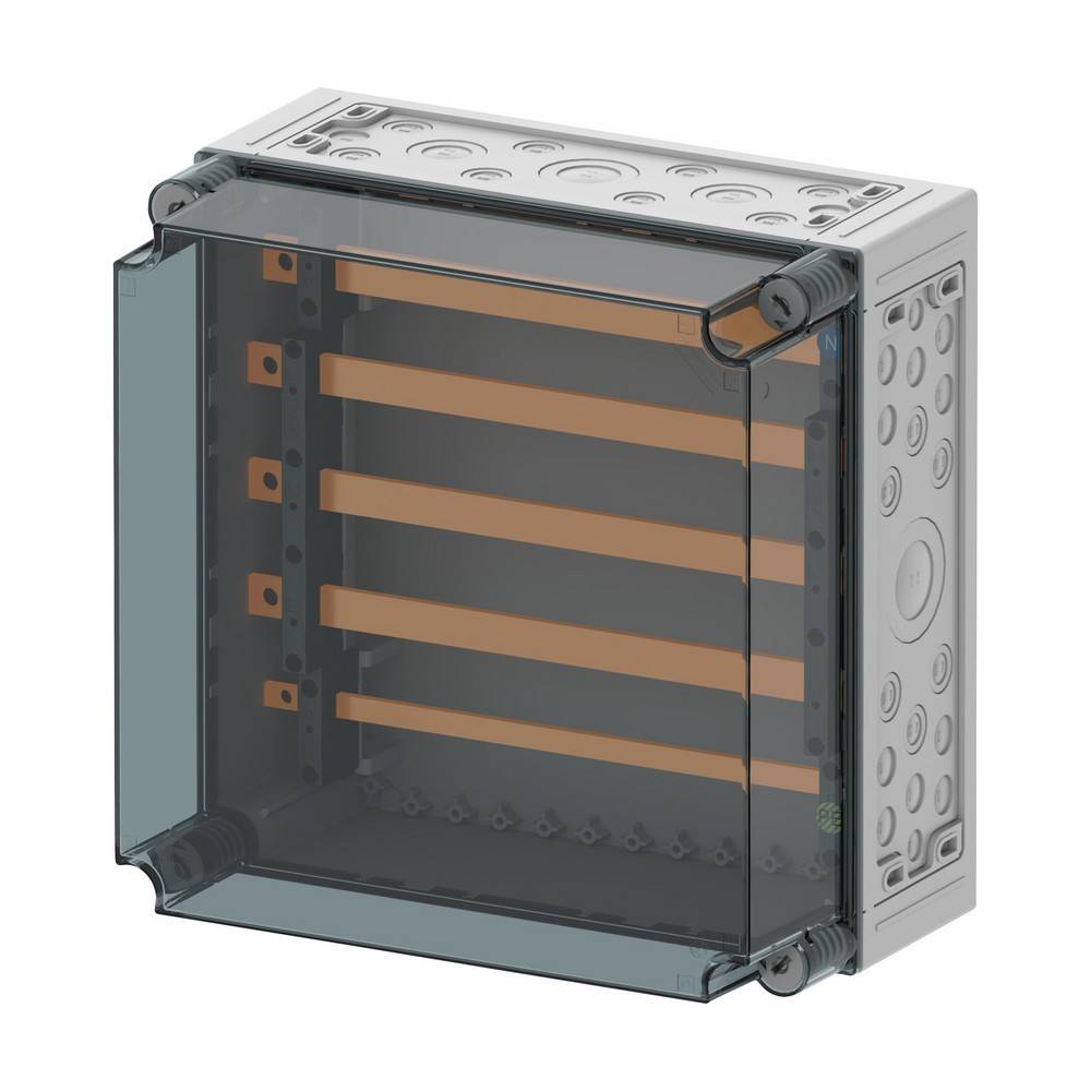 3D-gerenderte elektrische Schaltanlage mit transparenter Frontabdeckung, die interne Kupferschienen und Befestigungshardware zeigt.