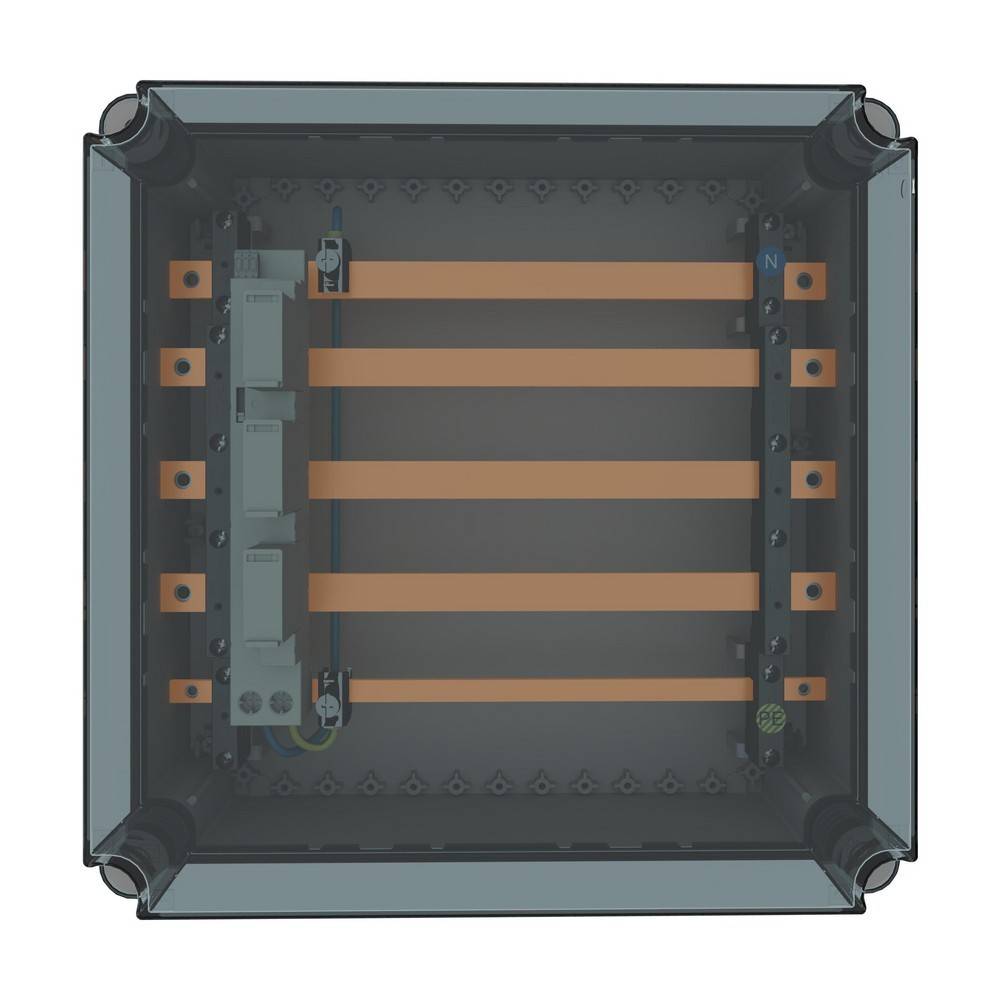 Draufsicht auf das Innere einer elektrischen Verteilungsanlage mit fünf horizontalen Kupferschienen und seitlich montierter Komponenten in einem grauen Gehäuse.