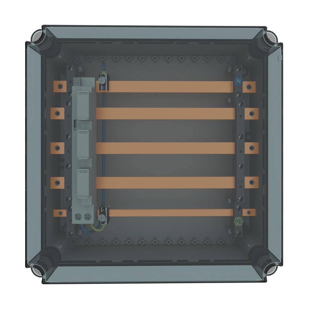 Draufsicht auf das Innere eines Stromverteilerkastens mit fünf horizontal angeordneten Kupferschienen und seitlich angebrachten Anschlüssen.