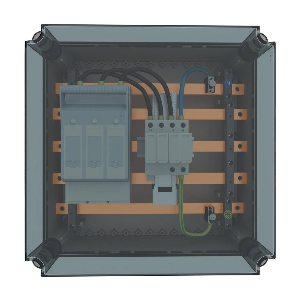 Elektrisches Schaltfeld mit transparenter Abdeckung, das Leitungsschutzschalter, Verkabelung und Kupferschienen im Inneren zeigt.