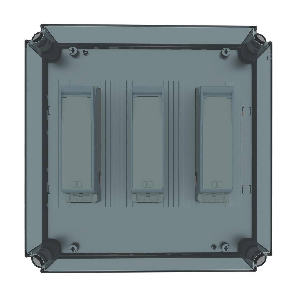 Draufsicht auf ein graues Gehäuse einer elektrischen Schalttafel mit drei vertikal angebrachten Schaltern oder Modulen im Inneren.