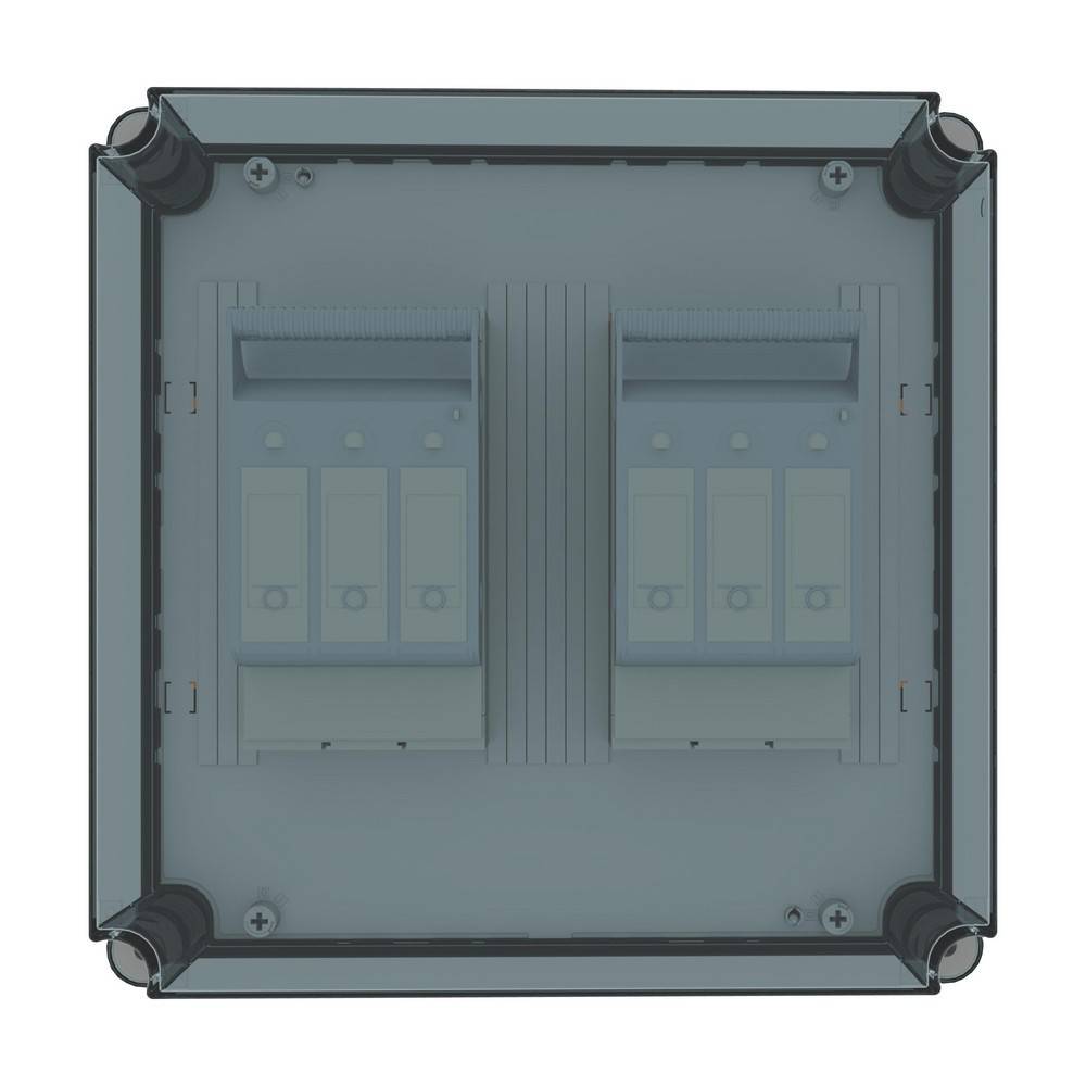 Graue Gehäuse für elektrische Schutzschalter mit zwei Reihen von Leitungsschutzschaltern in einem quadratischen Metallschrank.