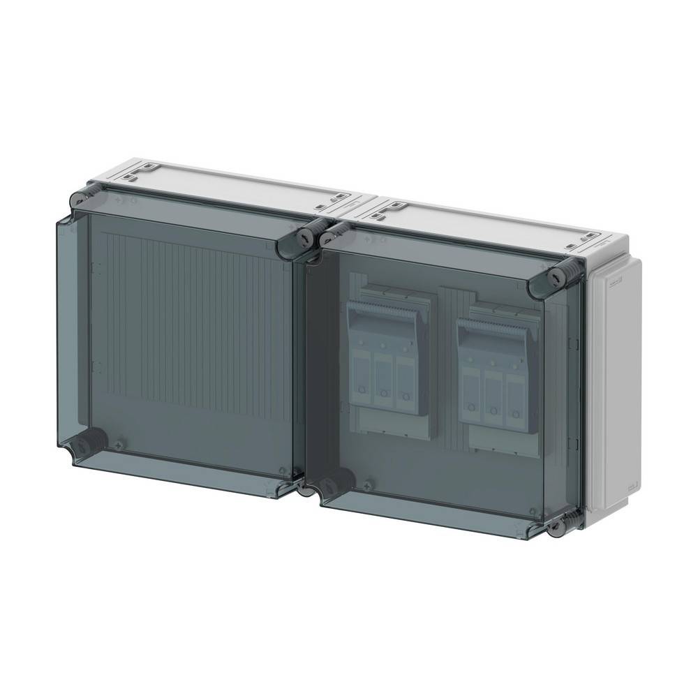 Wandmontiertes elektrisches Schaltschrank mit zwei verbundenen grauen transparenten Abdeckpaneelen, das interne Schutzschaltermodule auf der rechten Seite zeigt.