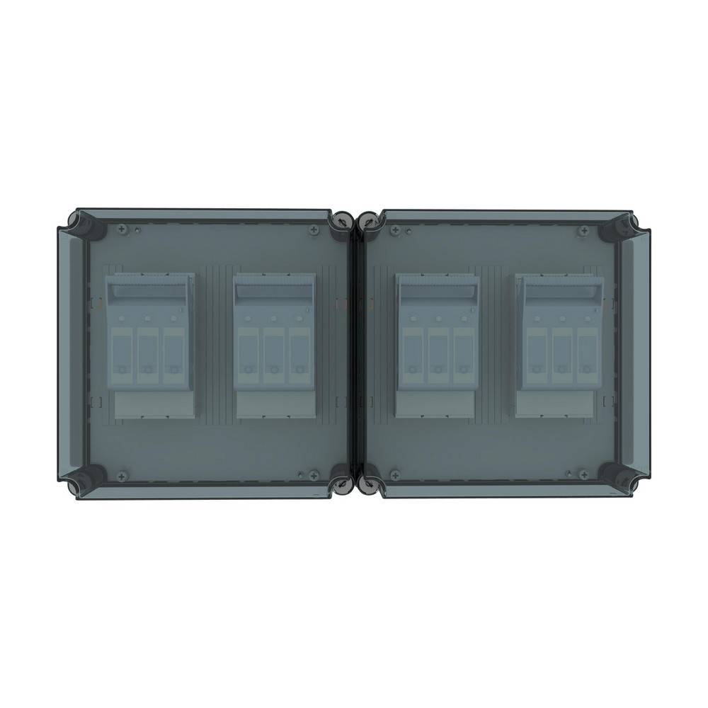 Zwei verbundene graue Elektroverteilerkästen mit transparenten Abdeckungen, jeder mit zwei Leistungsschaltern, Vorderansicht auf weißem Hintergrund dargestellt.