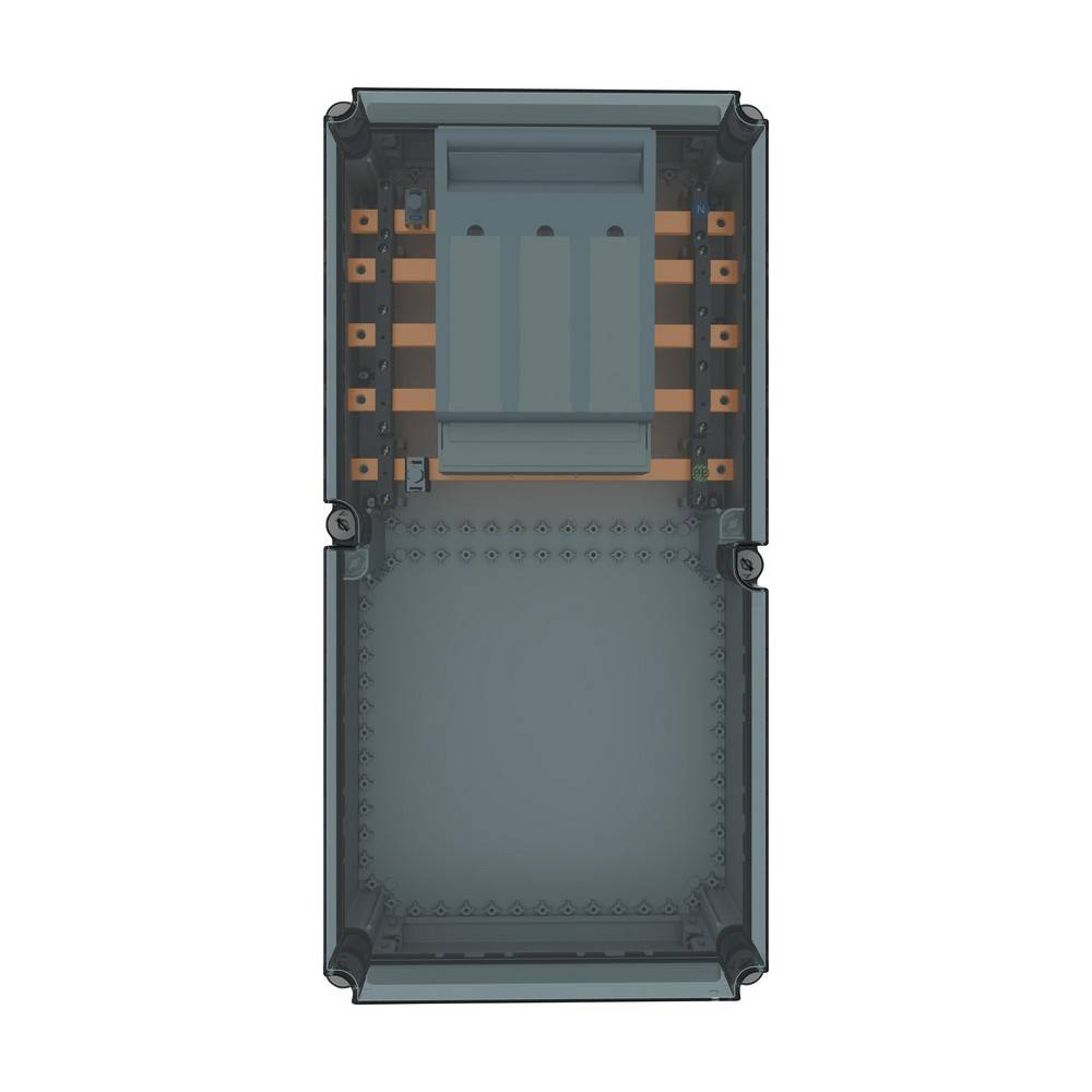 Draufsicht eines grauen rechteckigen elektronischen Gehäuses oder Schaltungsgehäuses mit einer erhöhten Zentralkomponente und seitlichen Kontaktstreifen.