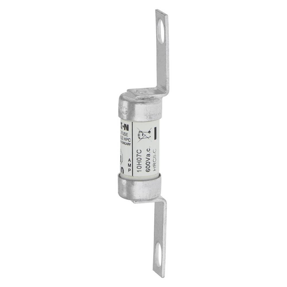 Ein zylindrischer elektrischer Sicherung mit Metallendkappen und Befestigungslaschen, beschriftet mit 100A und 600V AC, auf weißem Hintergrund dargestellt.