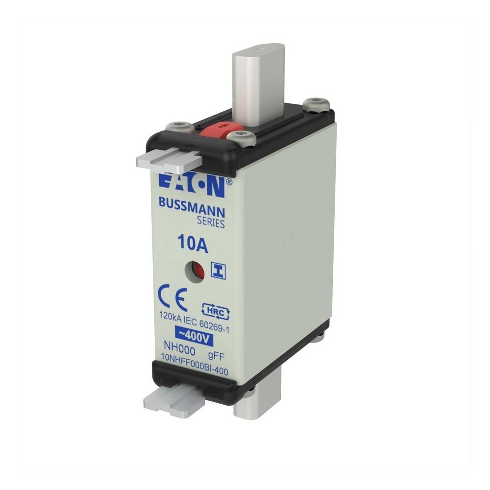 Eaton Bussmann Sicherungspatrone 10A mit Abzuglaschen, isoliert auf weißem Hintergrund dargestellt.