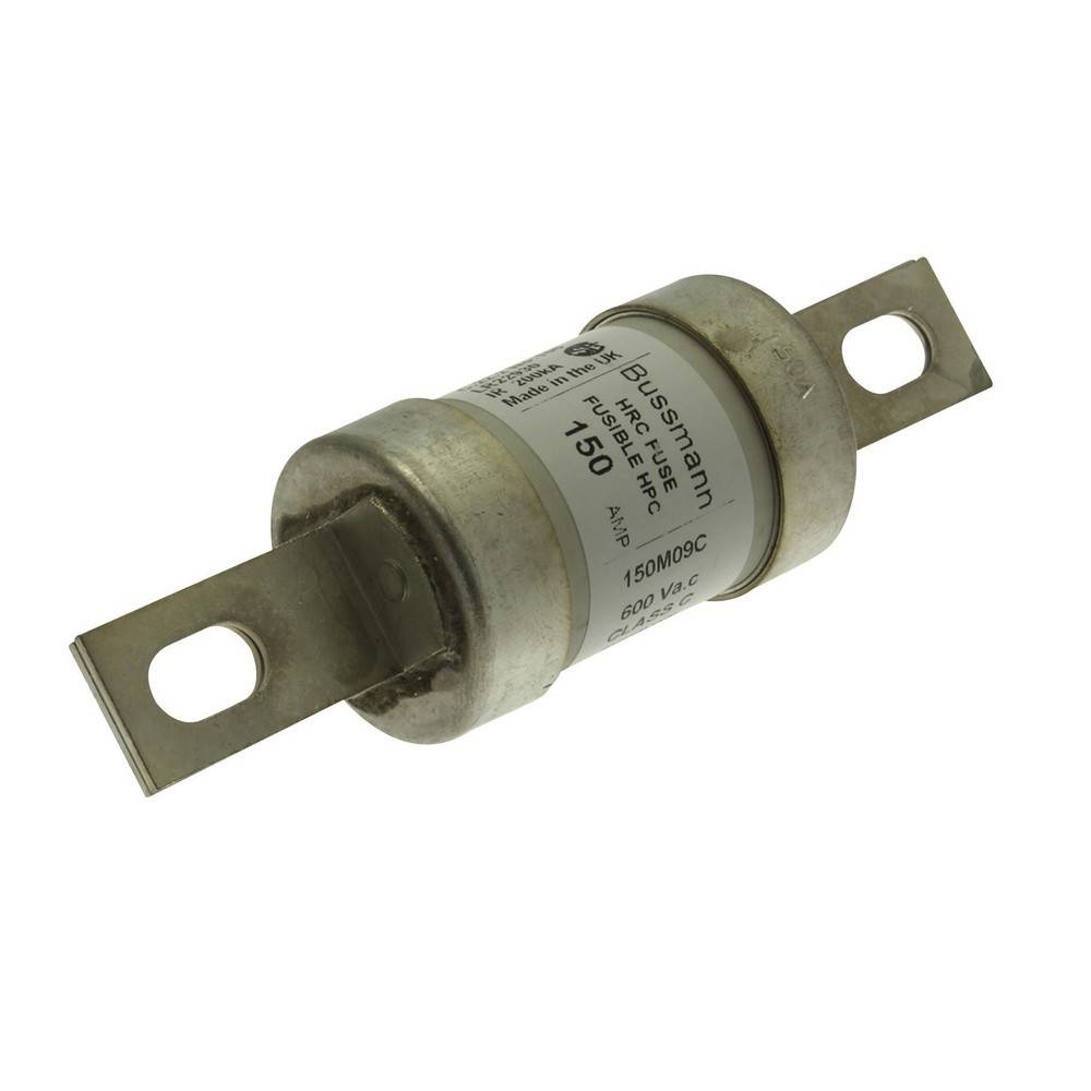 Industrielle Patronensicherung mit Metallbefestigungslaschen, gekennzeichnet als Bussmann 150A und 500 VDC.