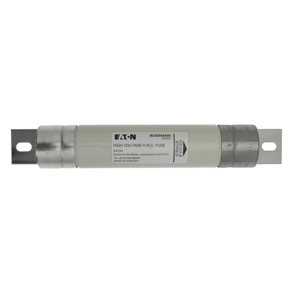 Zylindrische Eaton Bussmann Hochspannungs-H.R.C. Sicherung mit Metallbefestigungslaschen an beiden Enden.