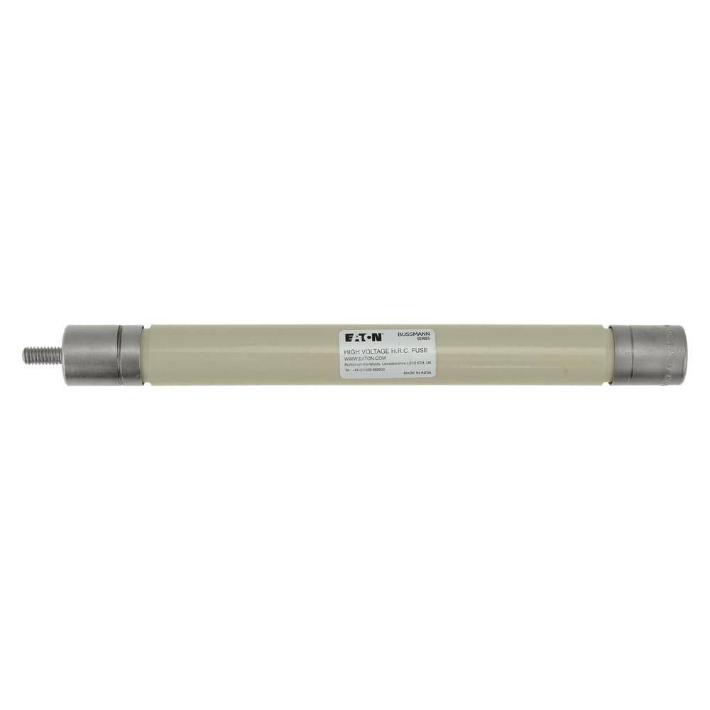 Zylindrische Eaton-Hochspannungssicherung mit Metallendkappen und Gewindestift, dargestellt vor weißem Hintergrund.