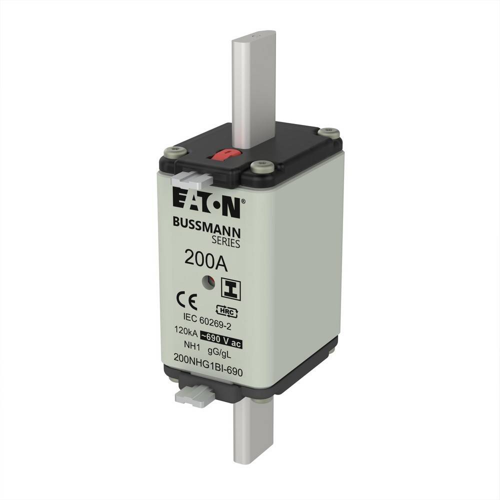 Eaton Bussmann 200A-Sicherungsblock mit Metallblattklemmen, gekennzeichnet mit IEC 60269-2 und 690V AC, auf weißem Hintergrund dargestellt.