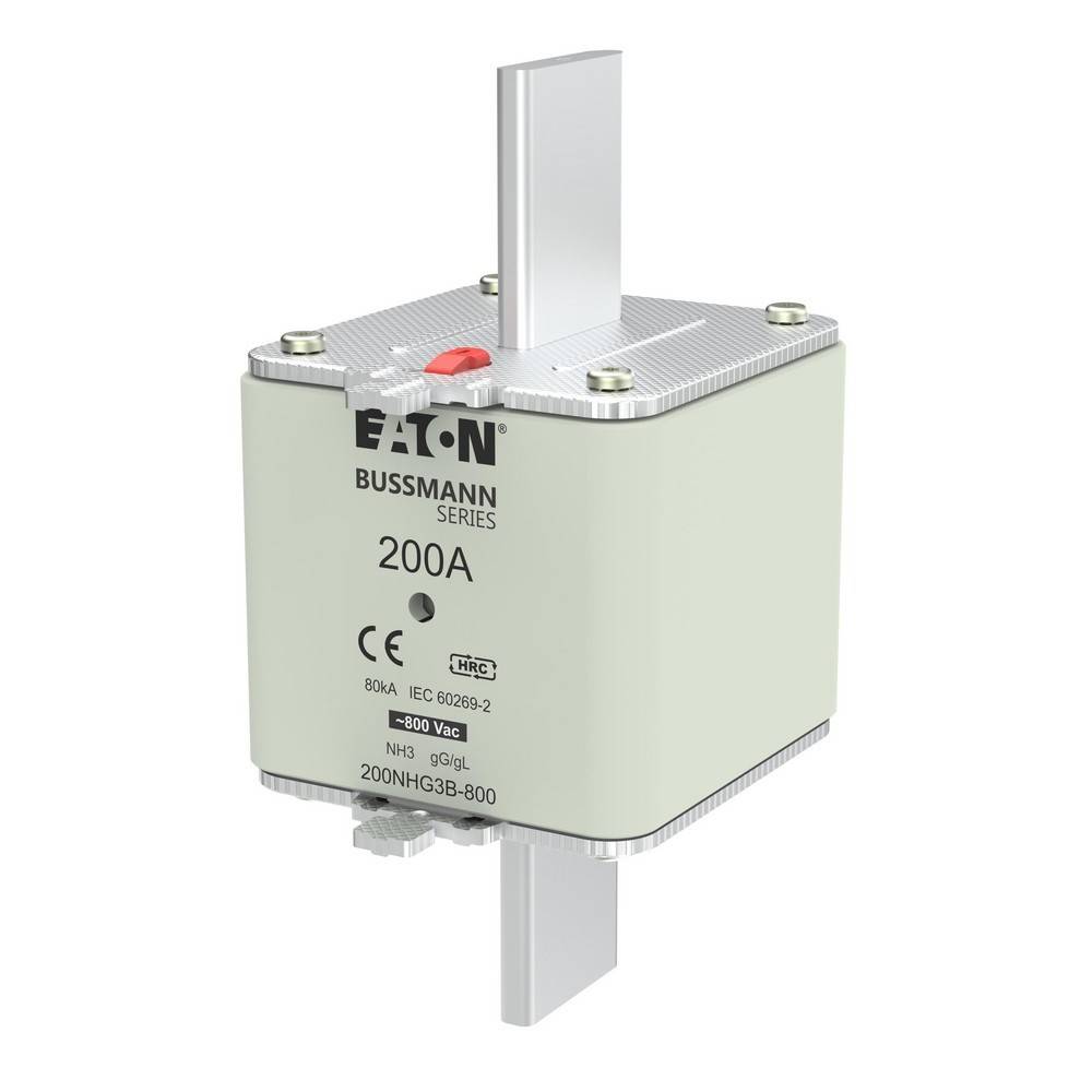Eaton Bussmann Serie 200A Sicherung mit Metallblattanschlüssen, dargestellt vor weißem Hintergrund.