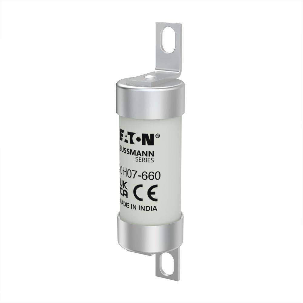 Eaton Bussmann Zylindersicherung mit Metallendkappen und Befestigungslaschen, isoliert auf weißem Hintergrund.