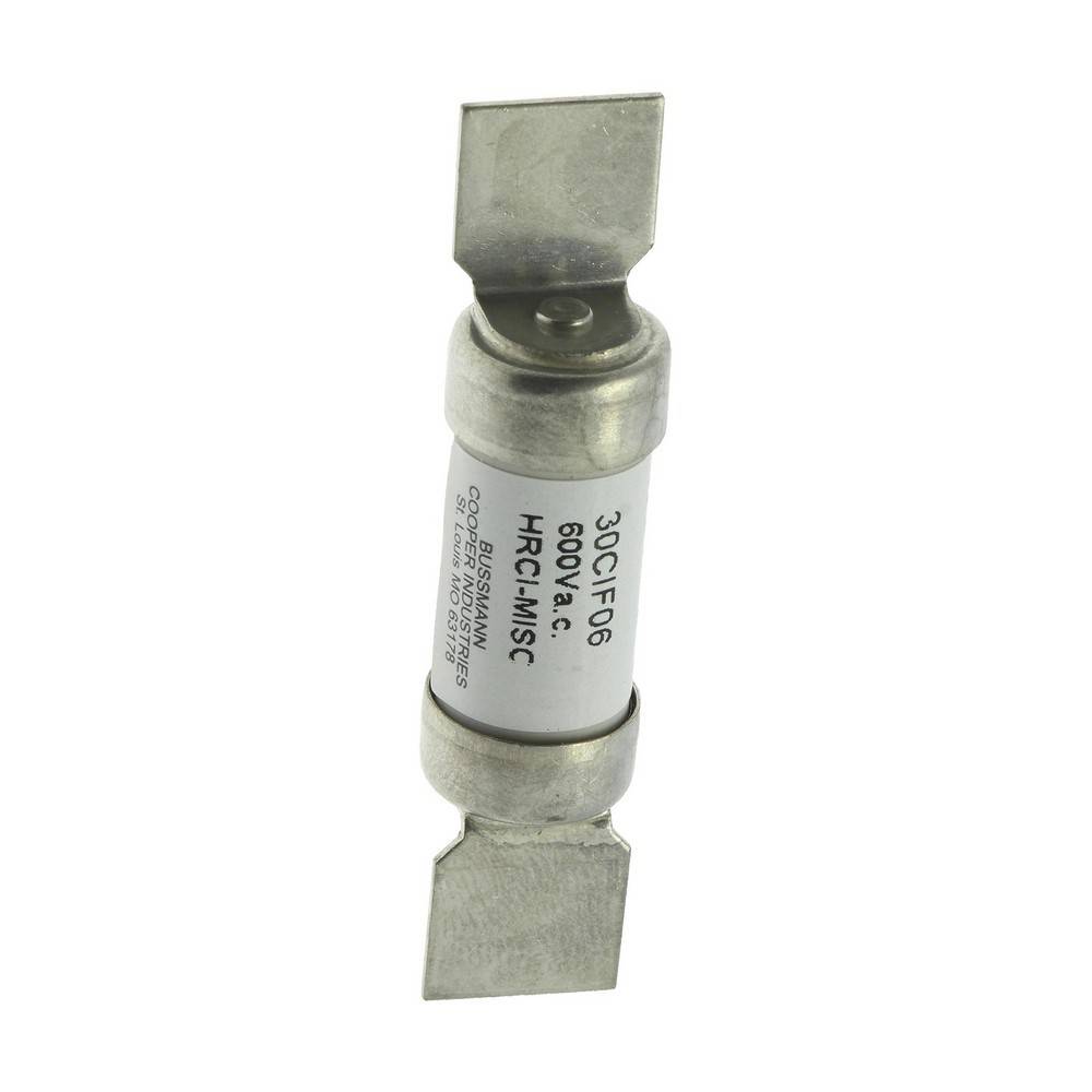 Ein zylindrischer elektrischer Sicherungsstift mit Metallendkappen, beschriftet mit „30CIF06 600V a.c. HRC1 MIN5C