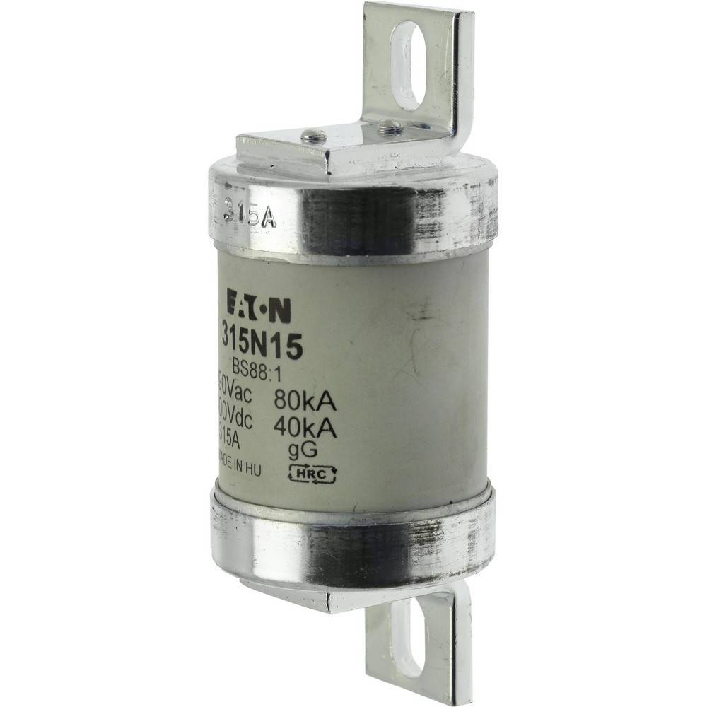 Industrielle elektrische Schmelzsicherungspatrone mit Metallendkappen und Befestigungslaschen, gekennzeichnet mit 'EATON 315N15' mit Strom- und Spannungsangaben.
