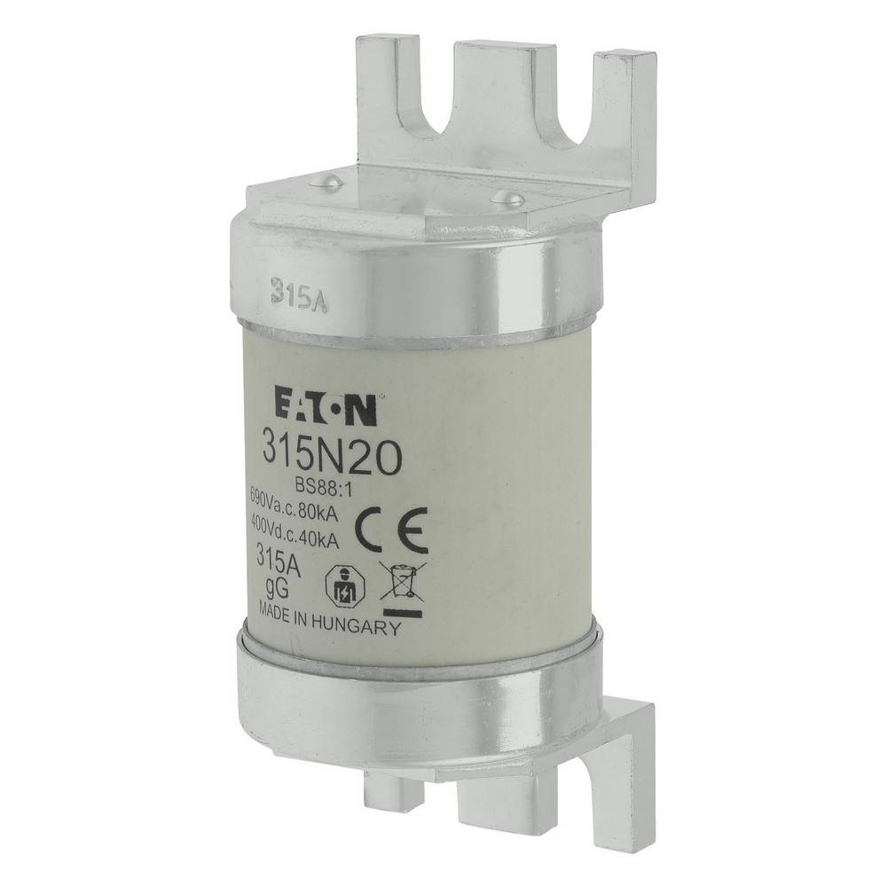 Eaton 315N20 315A Industriesicherung mit Metallendkappen und Montageclips auf weißem Hintergrund.