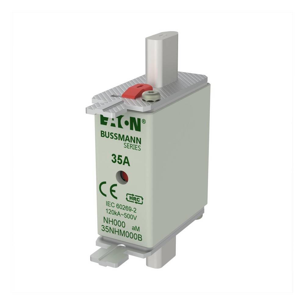 Eaton Bussmann 35A NH000 Sicherungshalter mit grauem Gehäuse und oberem Anschlussblock, isoliert auf weißem Hintergrund dargestellt.