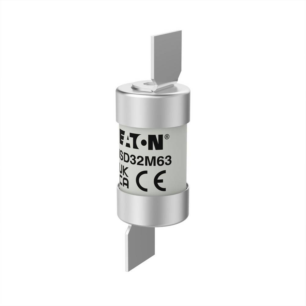 Eaton-Sicherung in zylindrischer Form mit Metallendkappen und Blattklemmen, beschriftet mit „SD32M63