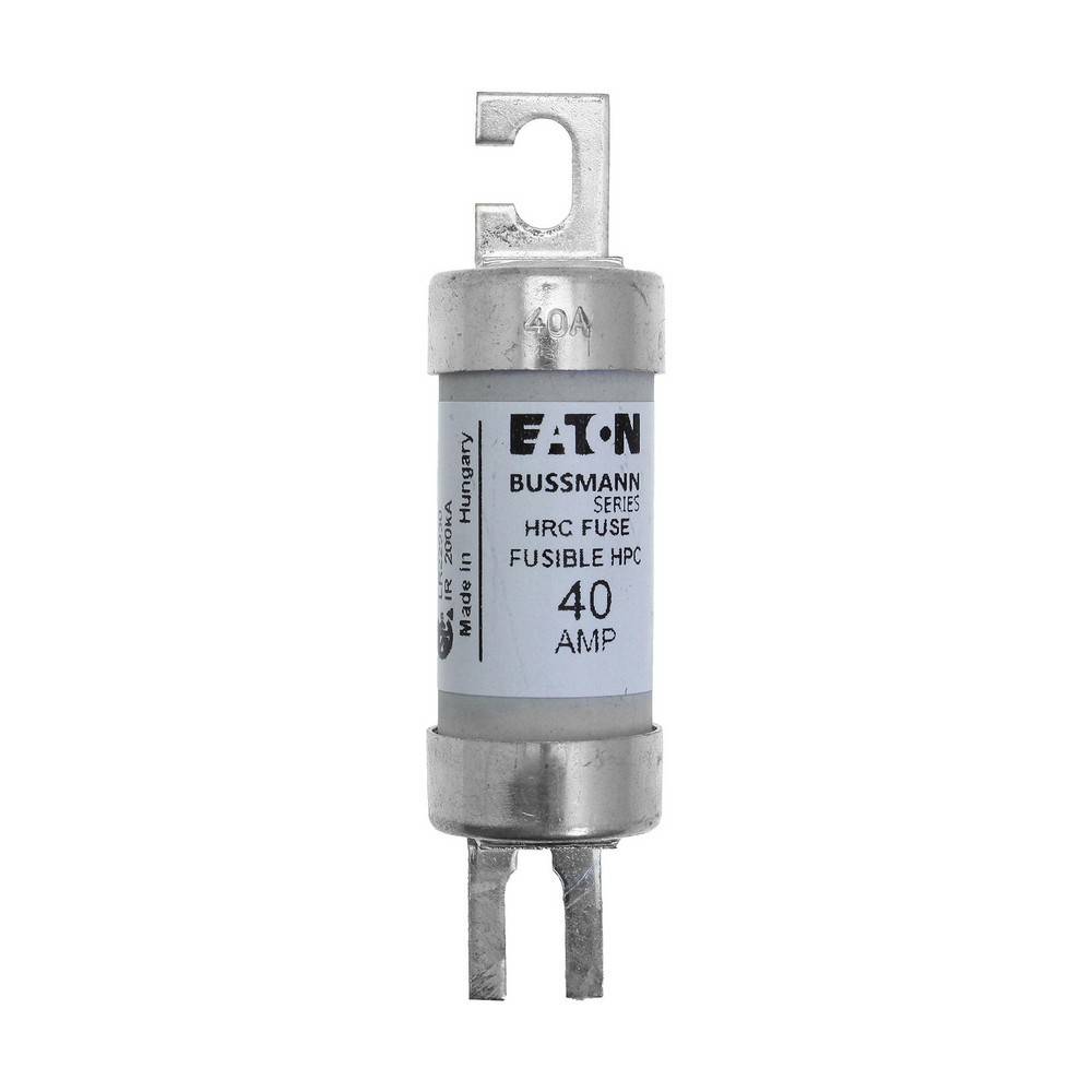 Eaton Bussmann 40-Ampere-HRC-Sicherung mit Metallklemmen, gezeigt vor weißem Hintergrund.