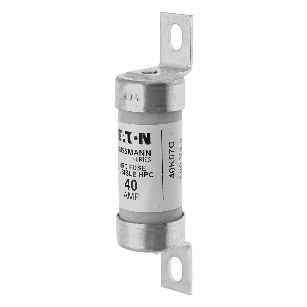 Eaton Bussmann 40-Ampere-HRC-Sicherung mit Metallbefestigungslaschen, gezeigt auf weißem Hintergrund.