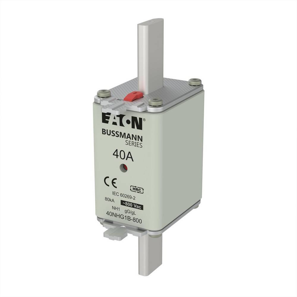 Eaton Bussmann 40A-Sicherung in einem rechteckigen grauen Gehäuse mit Metallanschlüssen, dargestellt auf weißem Hintergrund.