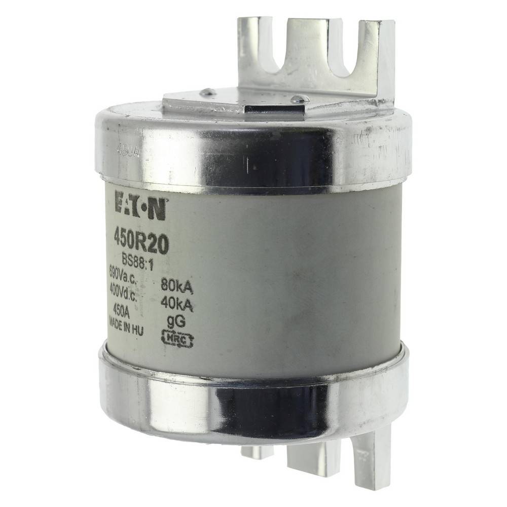 Eaton 450R20 zylindrische Sicherung mit Metallendkappen und gedruckten elektrischen Nennwerten auf weißem Hintergrund.