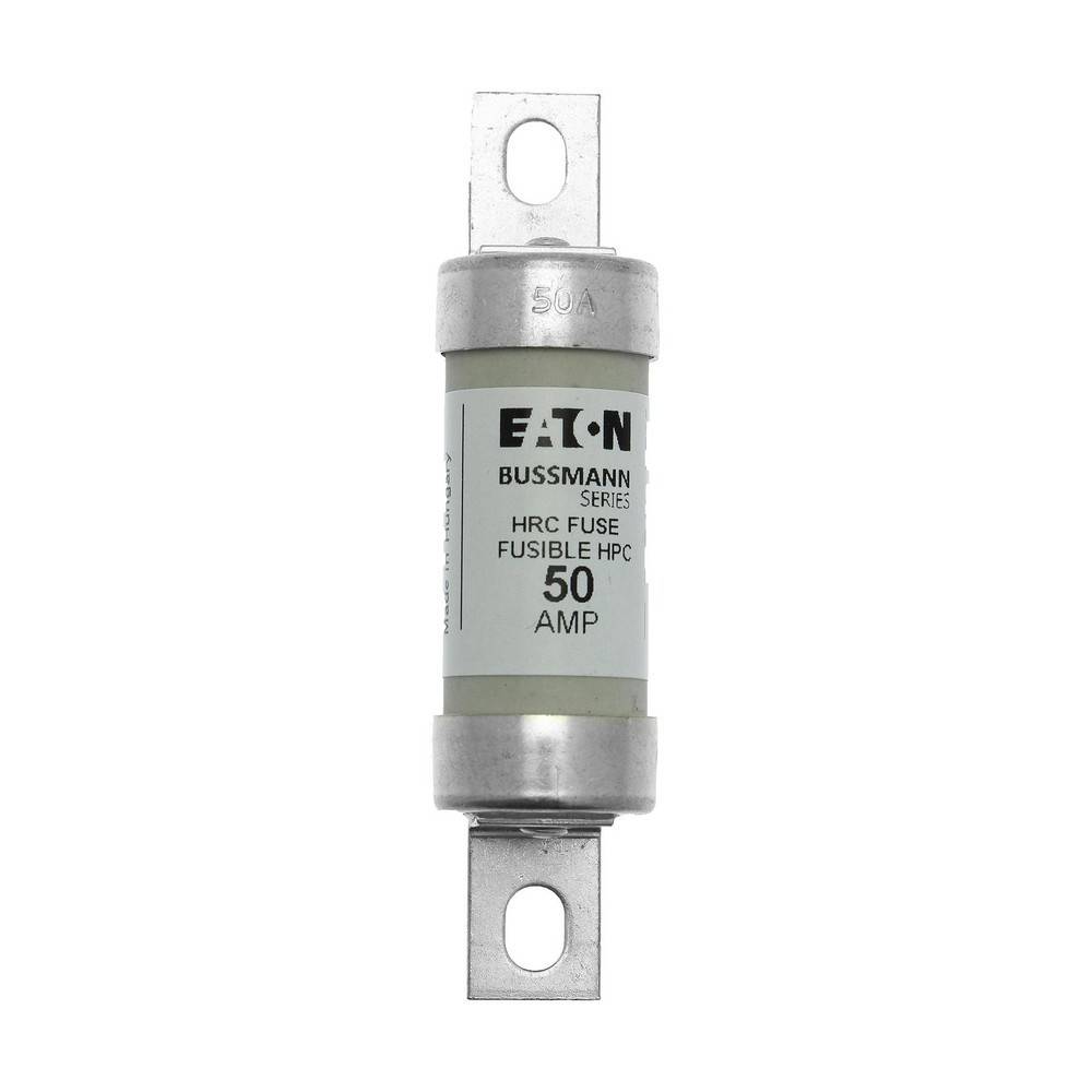 Eaton Bussmann Serie 50 Ampere HRC-Sicherung mit Metallklemmleisten, dargestellt isoliert auf weißem Hintergrund.