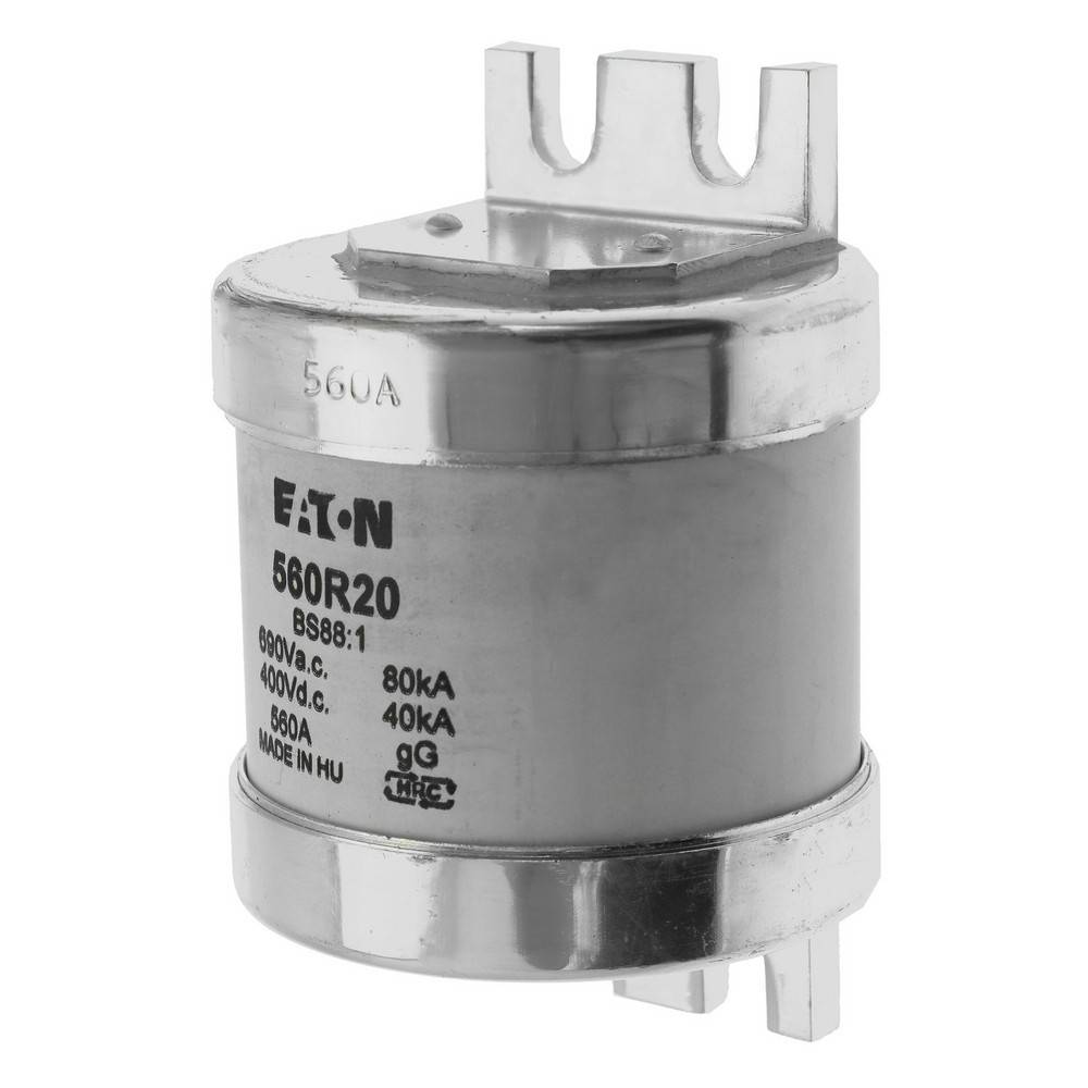 Silber-Eaton-Zylindersicherung für industrielle Anwendungen mit Ober- und Unterklemmen, beschriftet mit „560R20