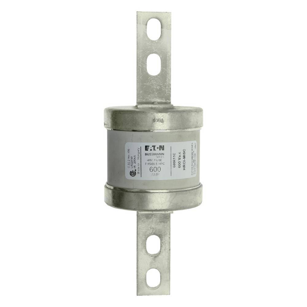 Eaton Bussmann 600-Ampere-Sicherung mit Metallmontageschildern, isoliert auf weißem Hintergrund dargestellt.