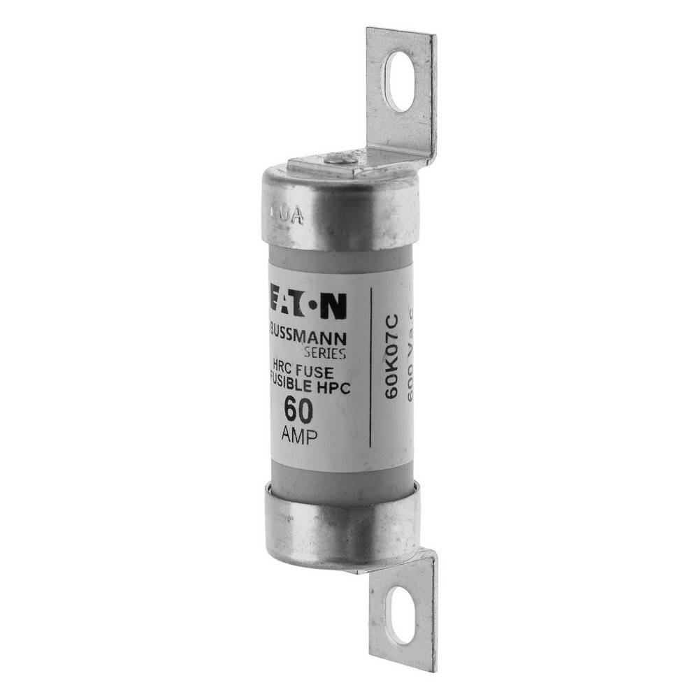 Eine zylindrische Eaton Bussmann HRC-Sicherung mit einer Nennstromstärke von 60 Ampere und Metallendkappen zur Montage.
