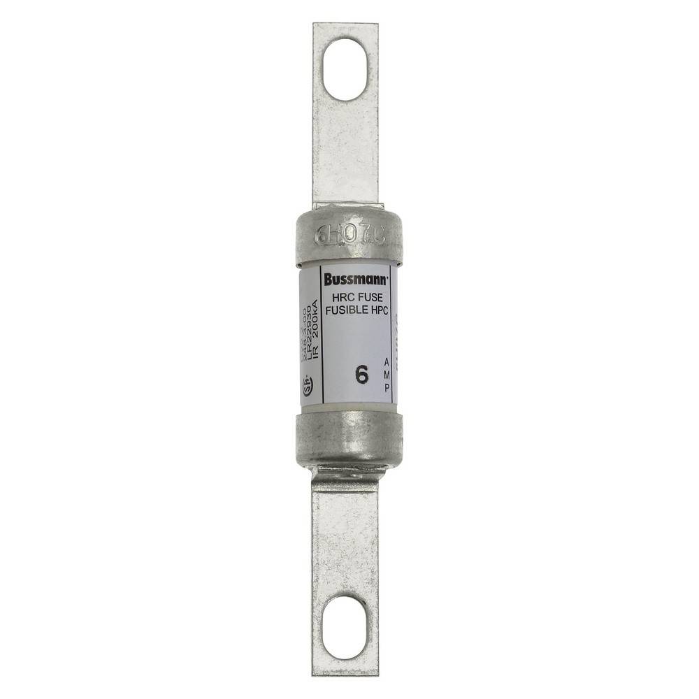 Bussmann HRC-Sicherung mit Metallblattklemmen, gekennzeichnet mit 6 Ampere.
