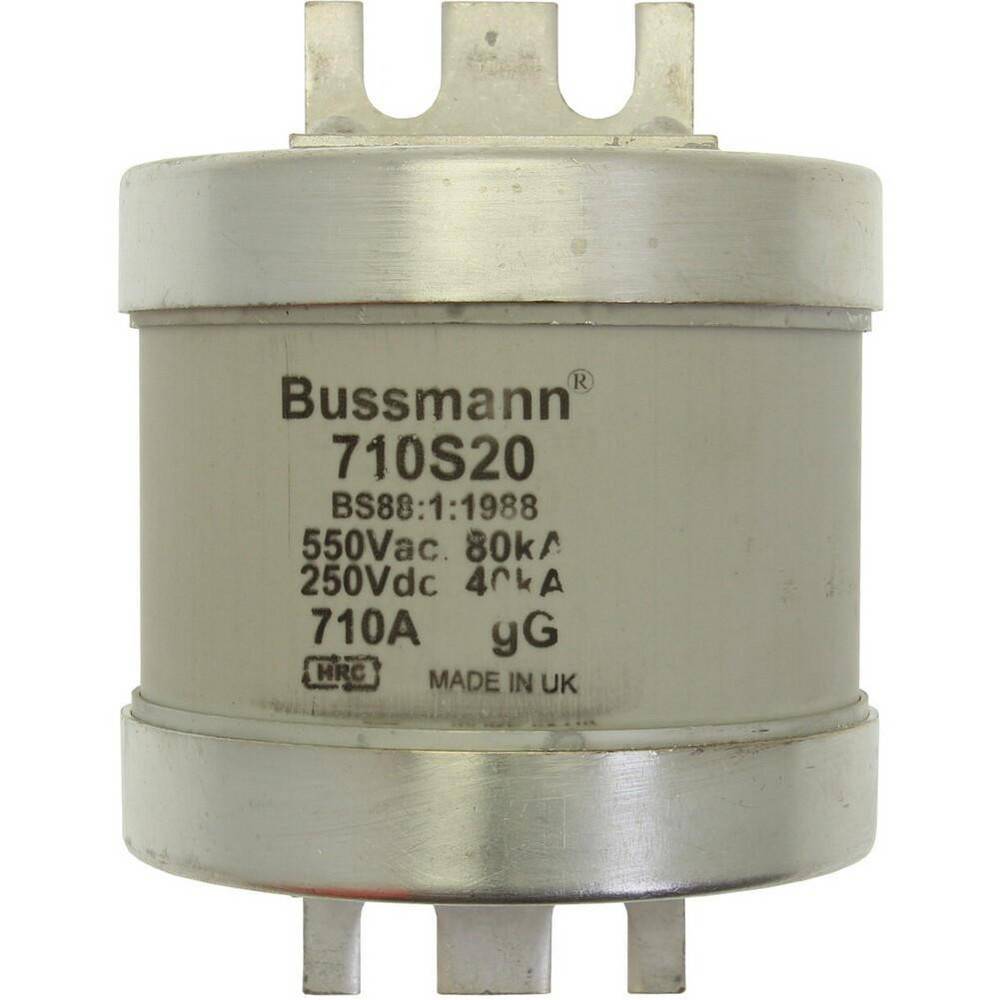 Zylindrische Bussmann 710S20 Hochgeschwindigkeitssicherung mit Metallendkappen und aufgedruckten Nennwerten: 550V AC, 250V DC, 710A gG.