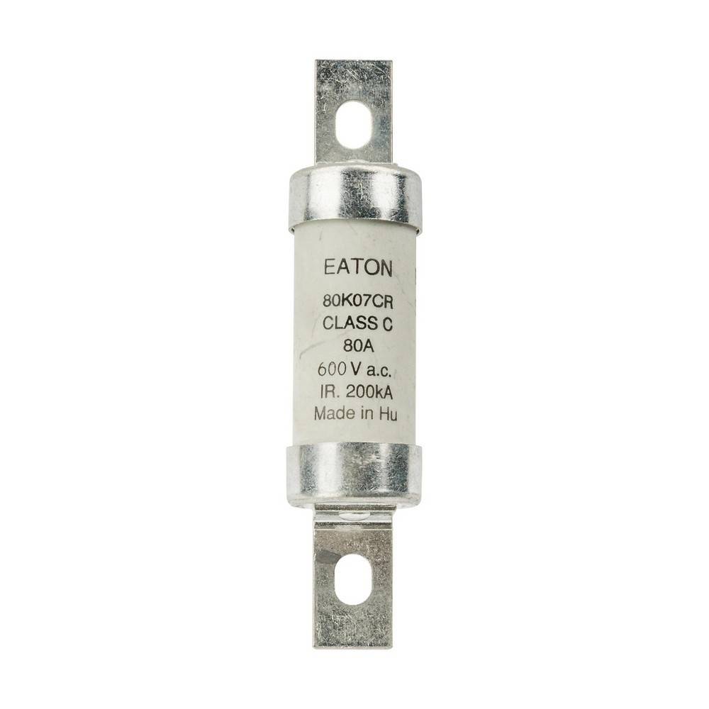 Eaton Klasse-C 80A 600V AC Patronensicherung mit Metallendkappen und Montagelaschen auf weißem Hintergrund.