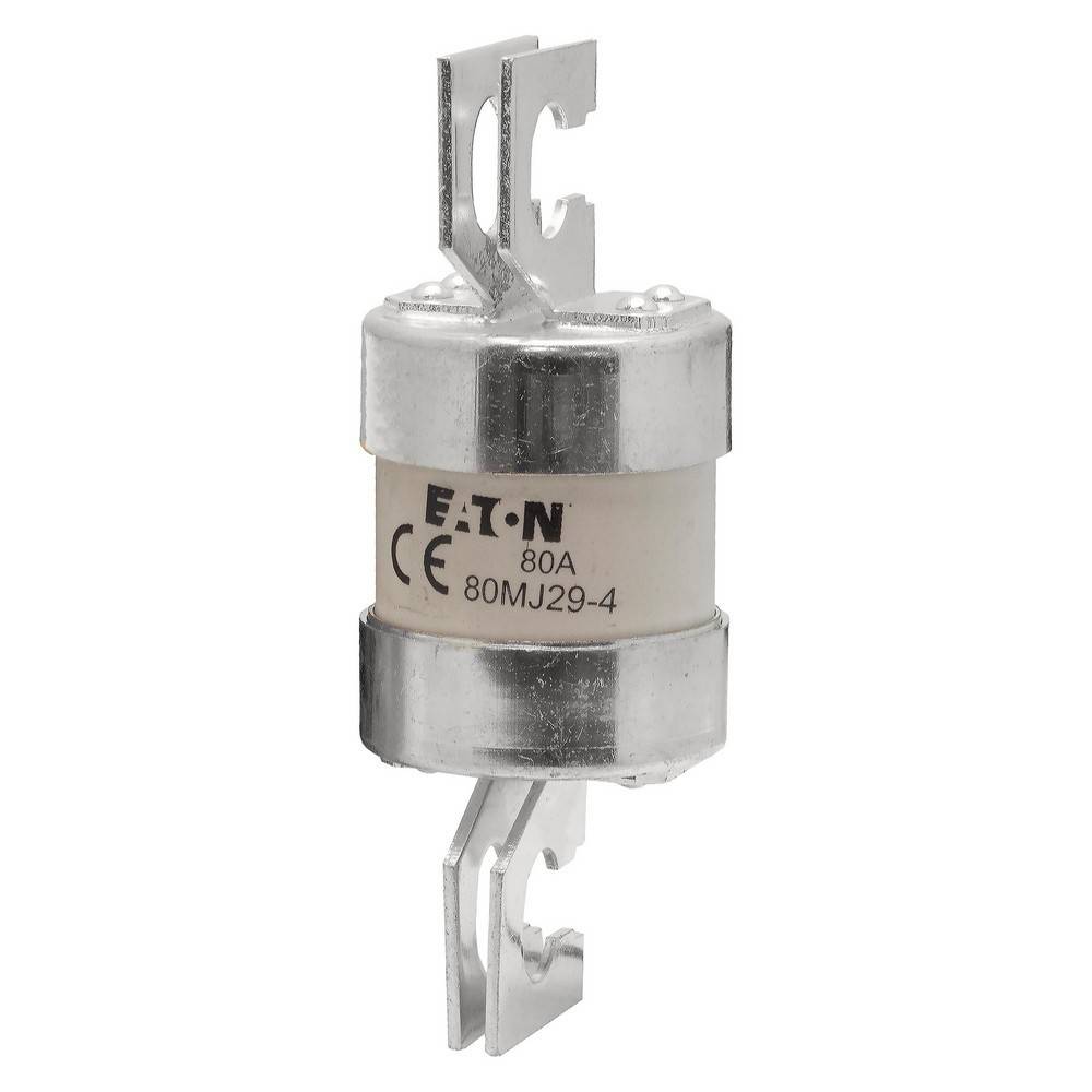 Eaton 80A Patrongensicherung mit Metallendkappen und Flachsteckeranschlüssen auf weißem Hintergrund.